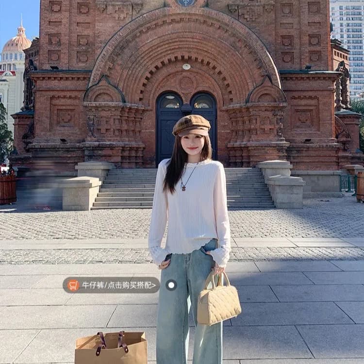 광저우 원단 맨위 한 부서 인사이드 가져 가라. 싱글 착용 살구 색상 긴팔 기본 셔츠 그레이트 봐라. 레이스 홀로우 아웃 상세 이미지 5