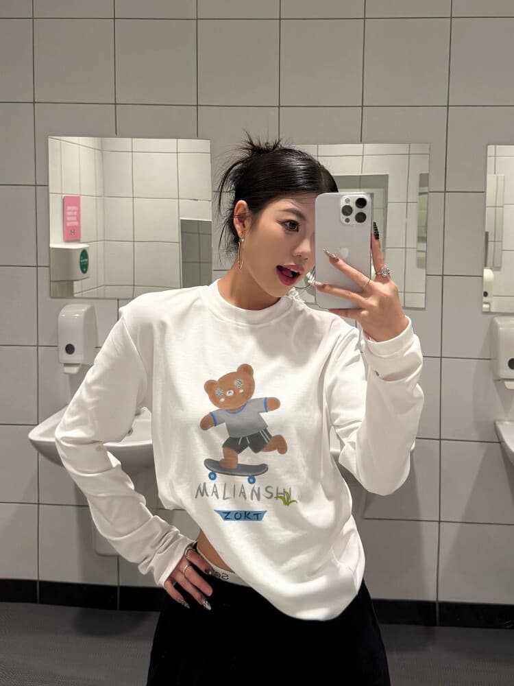 높은 품질 순면 200그램 21 빗질하다 정밀 프린트 가을 루즈핏 긴팔 티셔츠 여성 이미지 2