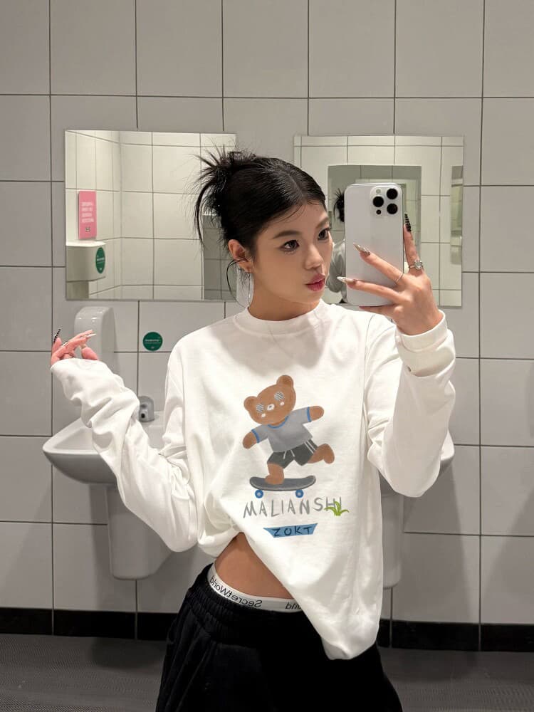 높은 품질 순면 200그램 21 빗질하다 정밀 프린트 가을 루즈핏 긴팔 티셔츠 여성 상세 이미지 4