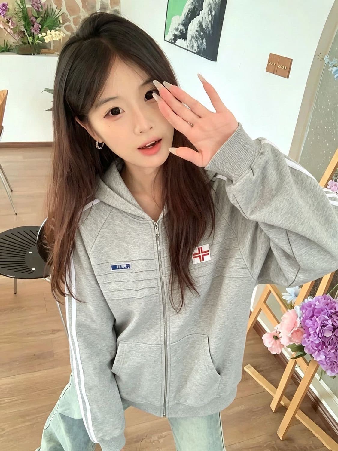 얇은 스타일 백금 지퍼 이후 패키지 칼라 순수한 Mianhua 면 복합 후드티 여성