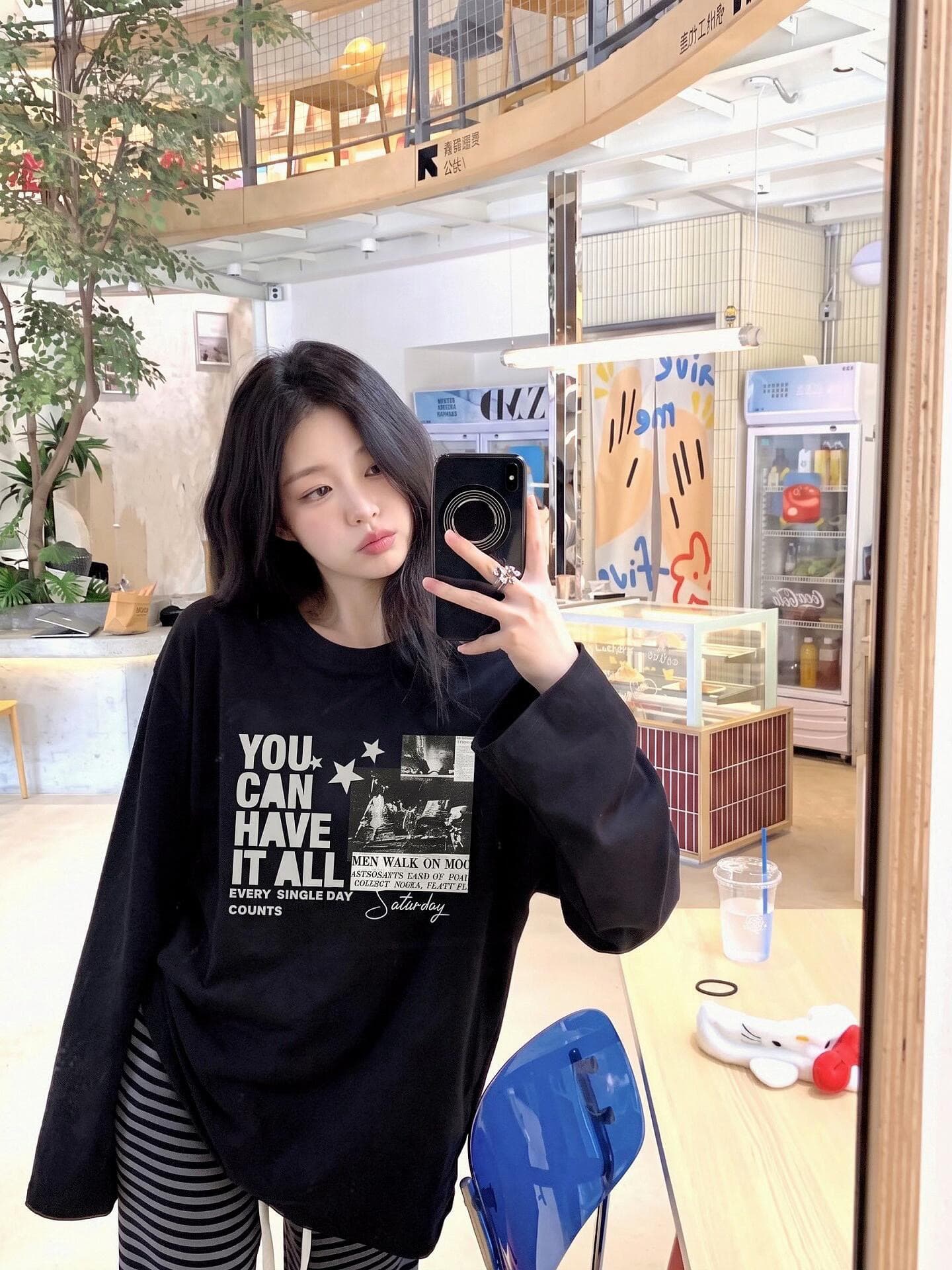 높은 품질 순면 200그램 21 빗질하다 정밀 프린트 가을 루즈핏 긴팔 티셔츠 여성 이미지 3