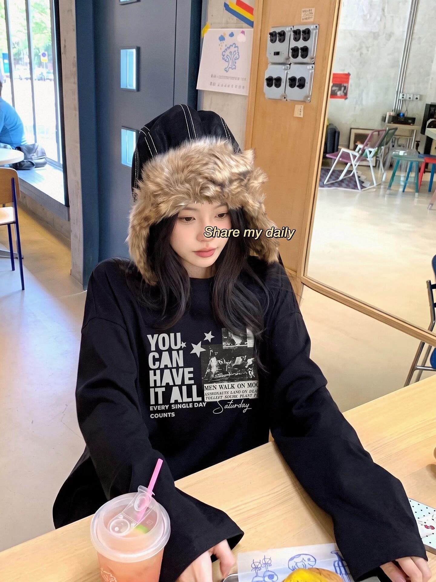 높은 품질 순면 200그램 21 빗질하다 정밀 프린트 가을 루즈핏 긴팔 티셔츠 여성 이미지 4