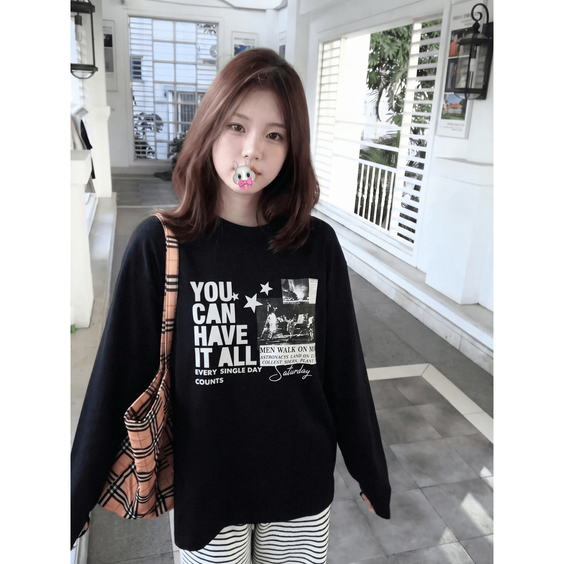 높은 품질 순면 200그램 21 빗질하다 정밀 프린트 가을 루즈핏 긴팔 티셔츠 여성 이미지 5