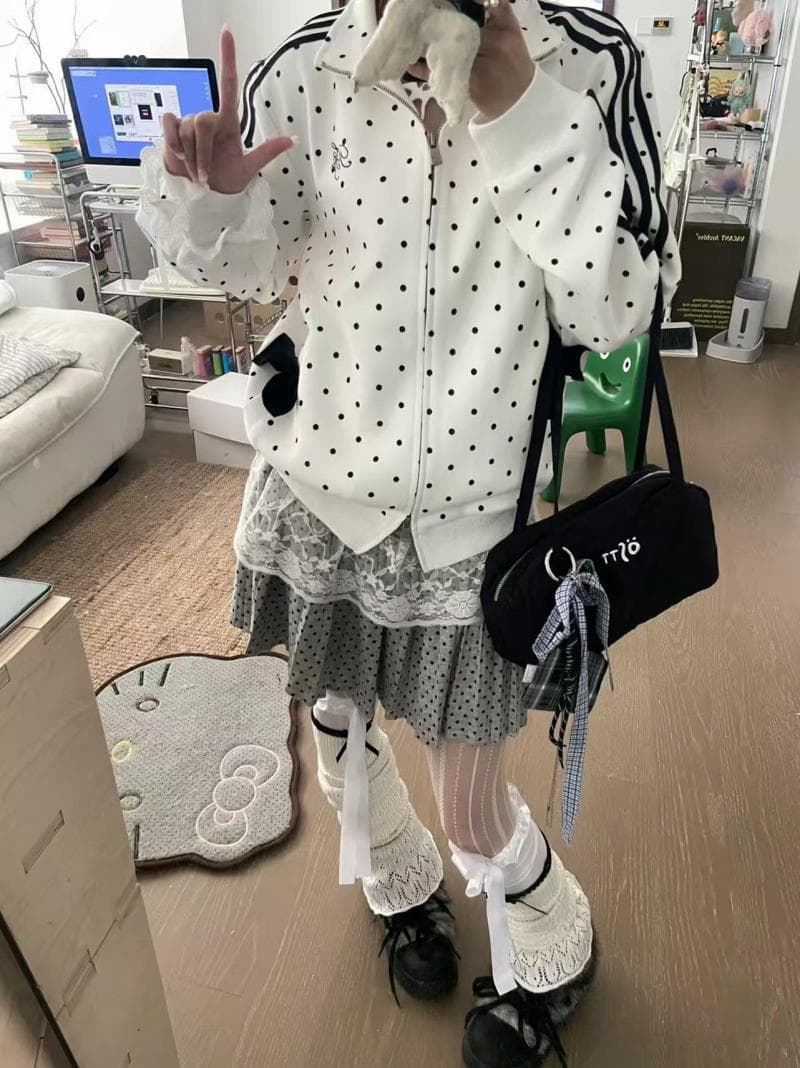 일본식 하우스 여성 도트 무늬 없음 모자 체조 재킷 봄 가을 스탠드 칼라 후드티 루즈핏 운동 슬림해 보이는 다용도 재킷 맨위 상세 이미지 2
