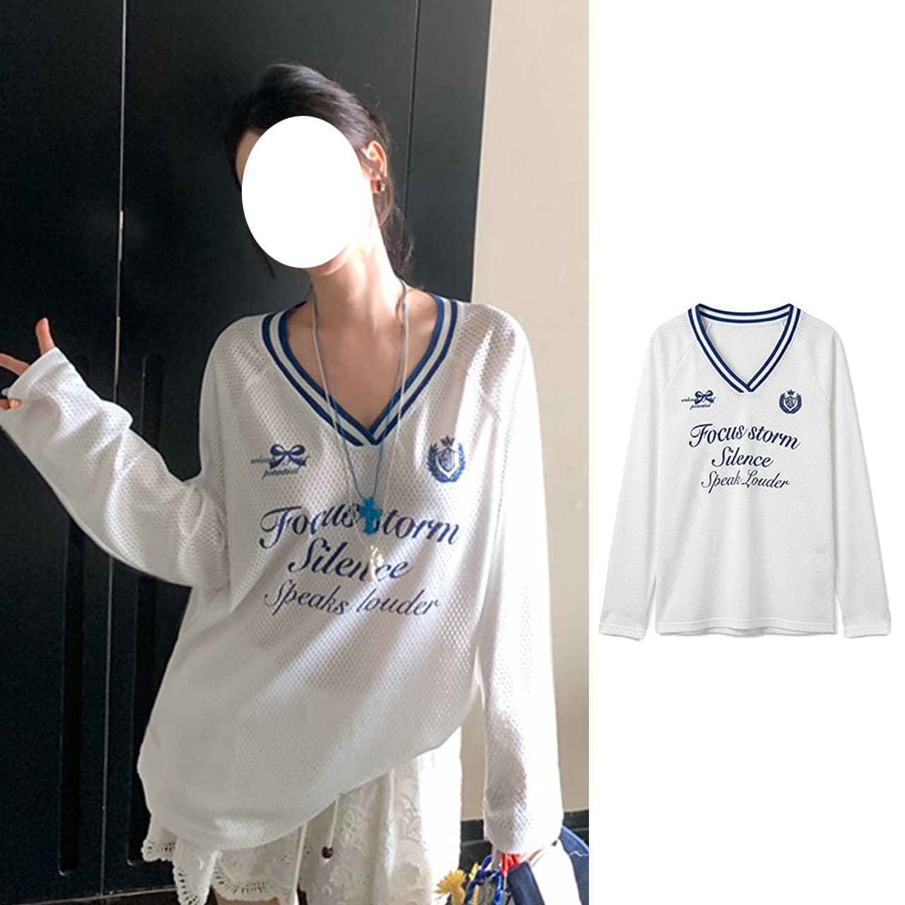 원본 원단 구멍 천 아메리칸 알파벳 프린트 공 서비스 저지 배색 V넥 긴팔 티셔츠 메쉬 태양 보호 셔츠 상세 이미지 1