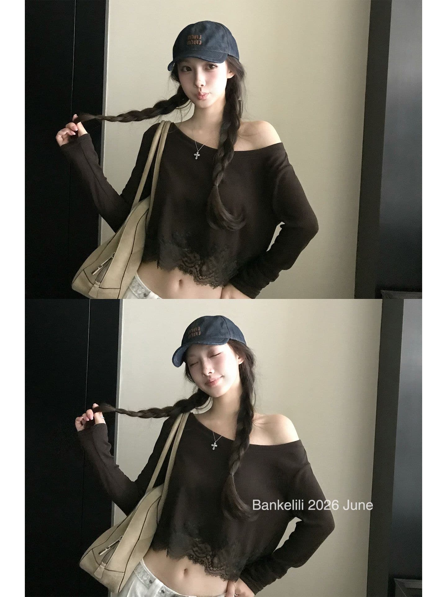 눈꽃 마 165 그램 화이트 오프숄더 긴팔 여성 여름 섹션 레이스 조각 자외선 차단 티셔츠 외출용 슬림해 보이는 맨위 이미지 3