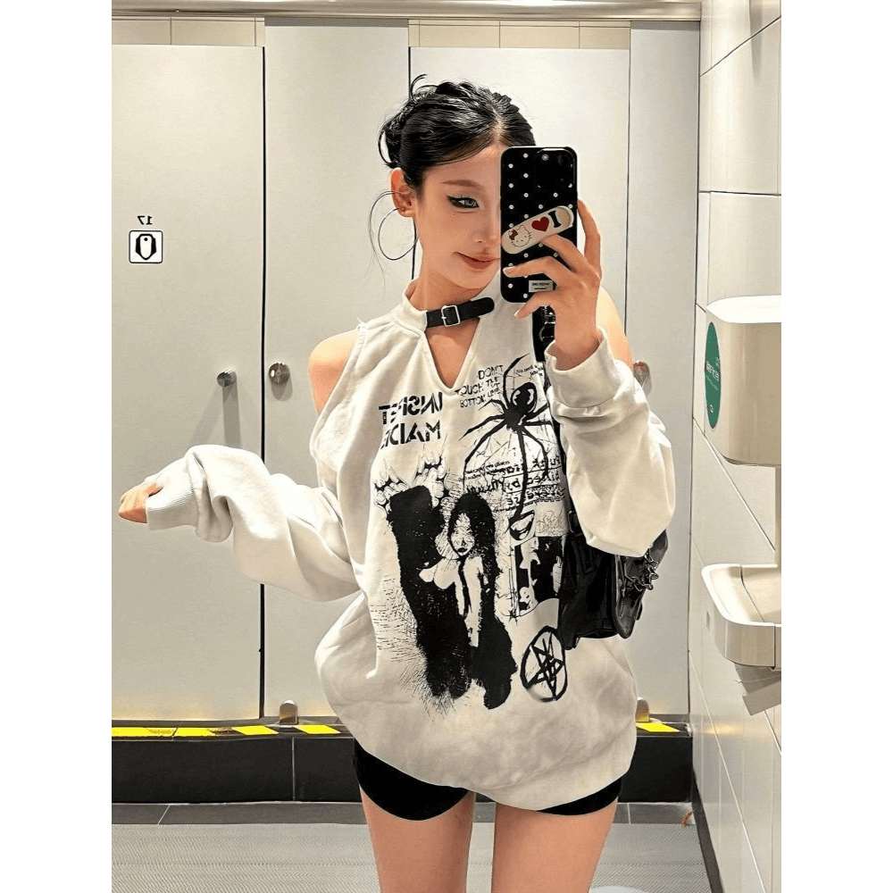 남자 바 면 원단 오프숄더 낙서 프린트 긴팔 후드티 여성 루즈핏 마 오래된 맨위 이미지 5