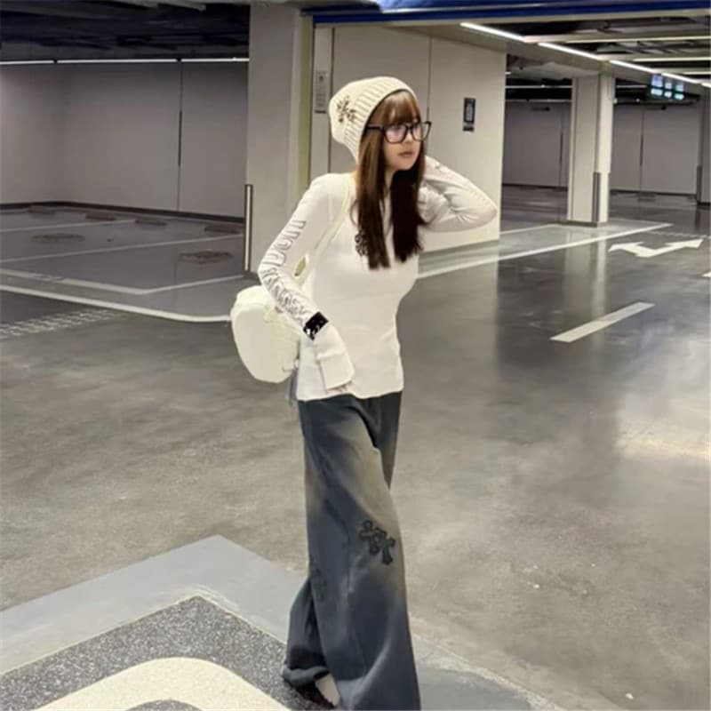260 그램 사람들 면 모달 산스크리트어 프린트 긴팔 티셔츠 여성 라운드 넥 긍정적 인 어깨 몸매 가꾸기 맨위 상세 이미지 3