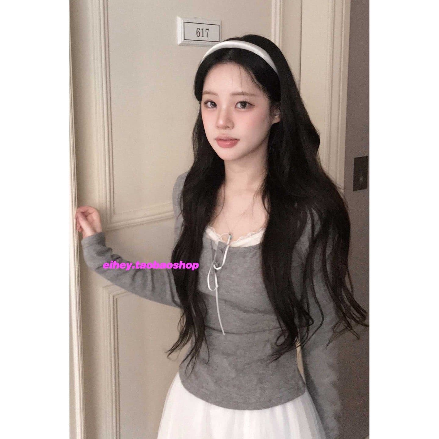 사람들 면 부드러운 순수한 욕망 바람 페이크 레이어드 슬림해 보이는 다용도 레이스 측면 길이 소매 티셔츠 맨위 여성 이미지 3