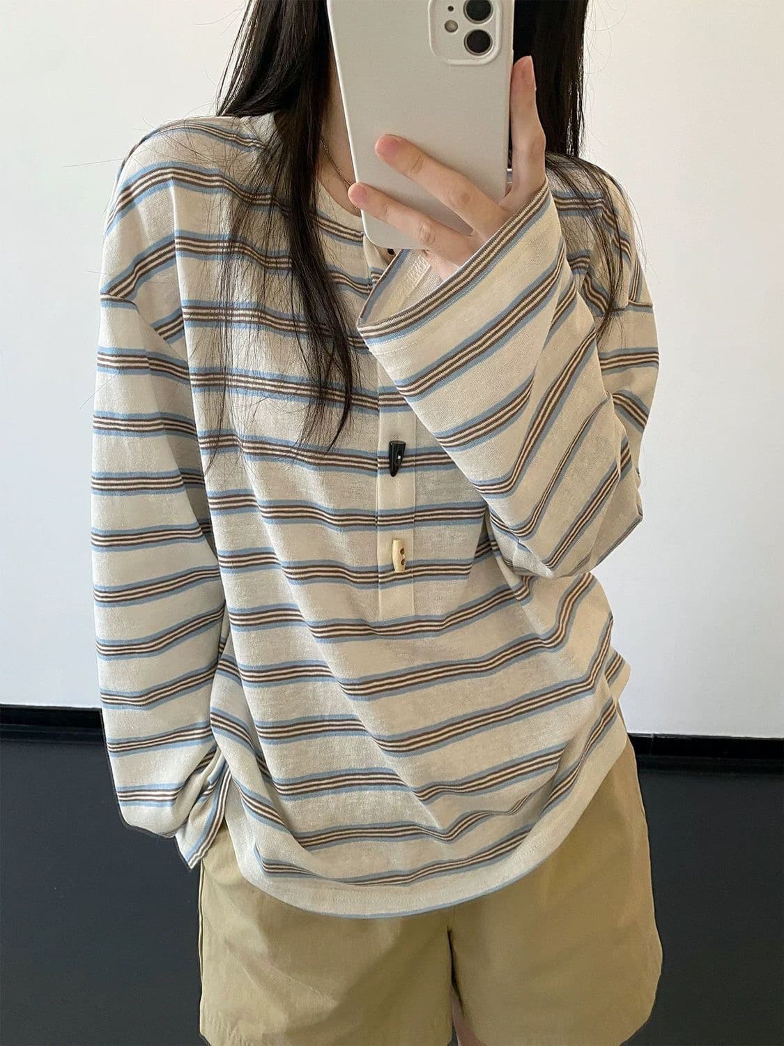 느긋한 스트라이프 한 부서 부드러운 바람 긴팔 티셔츠 여성 ins 슈퍼 화재 루즈핏 슬림해 보이는 맨위 서비스 이미지 4