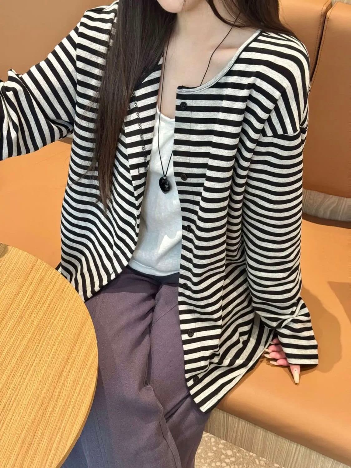 스트라이프 오픈 가디건 한 부서 부드러운 바람 긴팔 티셔츠 여성 ins 슈퍼 화재 루즈핏 슬림해 보이는 맨위 상세 이미지 1