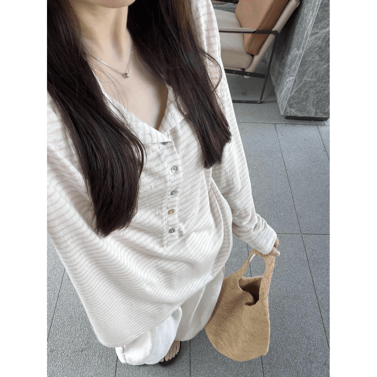 스트라이프 헨리 칼라 한 부서 캠퍼스 바람 긴팔 티셔츠 여성 ins 슈퍼 화재 루즈핏 슬림해 보이는 맨위 이미지 5
