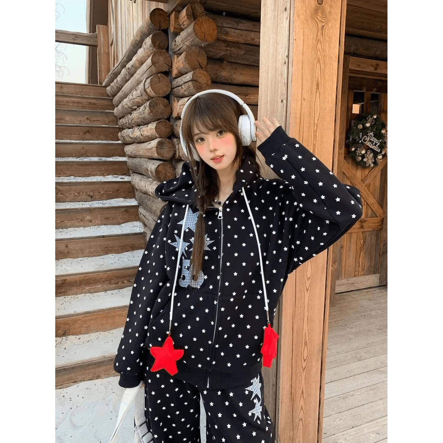 모방 면 사선 무늬 당겨 프레임 250그램 전체 인쇄 별 후드 세트 여성 가을 루즈핏 긴팔 캐주얼 투피스 세트 이미지 5