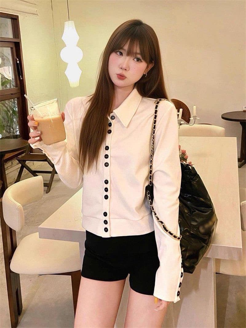 원본 원단 폴로 칼라 오픈 가디건 여성 가을 겨울 새로운 한 부서 학원 스타일 디자인 센스 재킷 상세 이미지 3