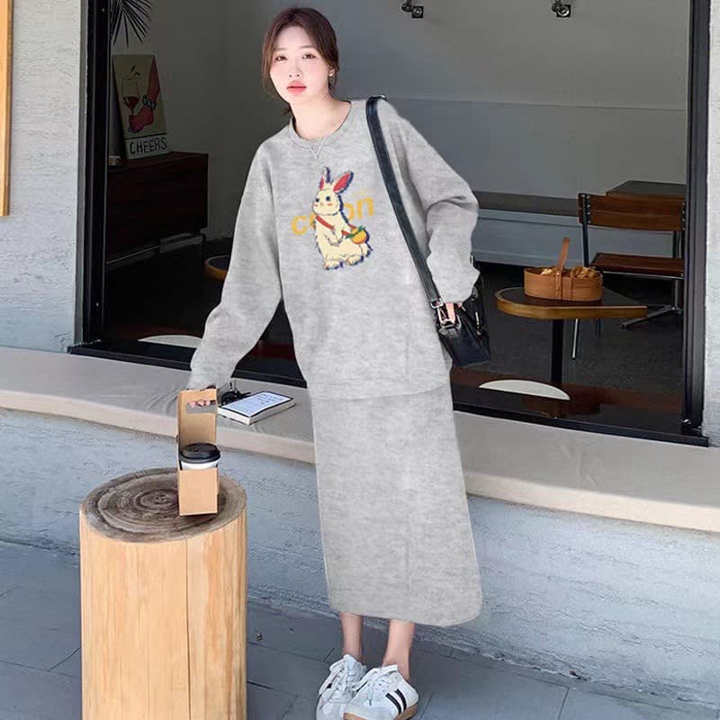 세트 여성 가을 겨울 항구 바람 작은 대중 다용도 루즈핏 풀오버 스웨트셔츠 캐주얼 반신 스커트 패션 투피스 세트 이미지 4