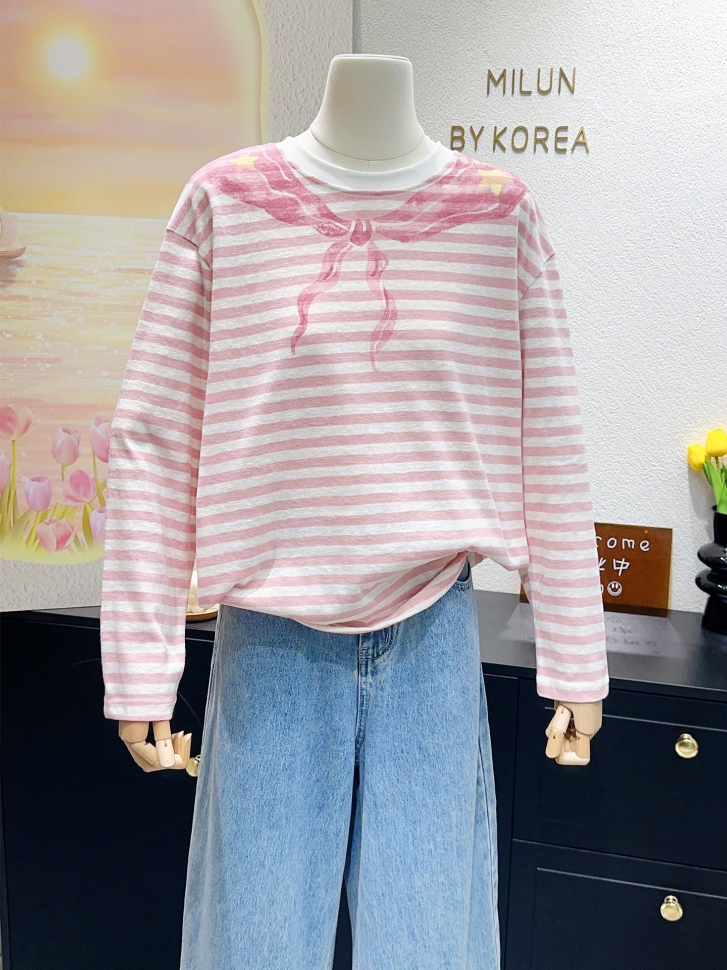 원본 원단 빅 사이즈 300 근 현대 물 손 바람 페이크 레이어드 프린트 스트라이프 긴팔 티셔츠 자외선 차단 상세 이미지 2