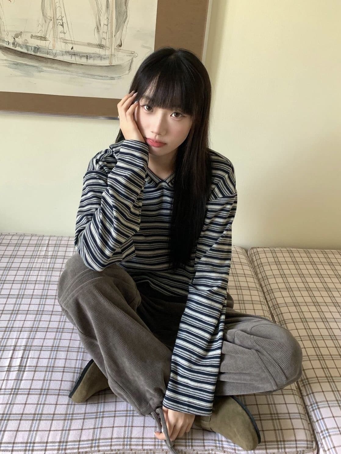 스트라이프 모자 셔츠 한국 스타일 캠퍼스 바람 루즈핏 긴팔 티셔츠 여성 ins 슈퍼 화재 슬림해 보이는 맨위 상세 이미지 3