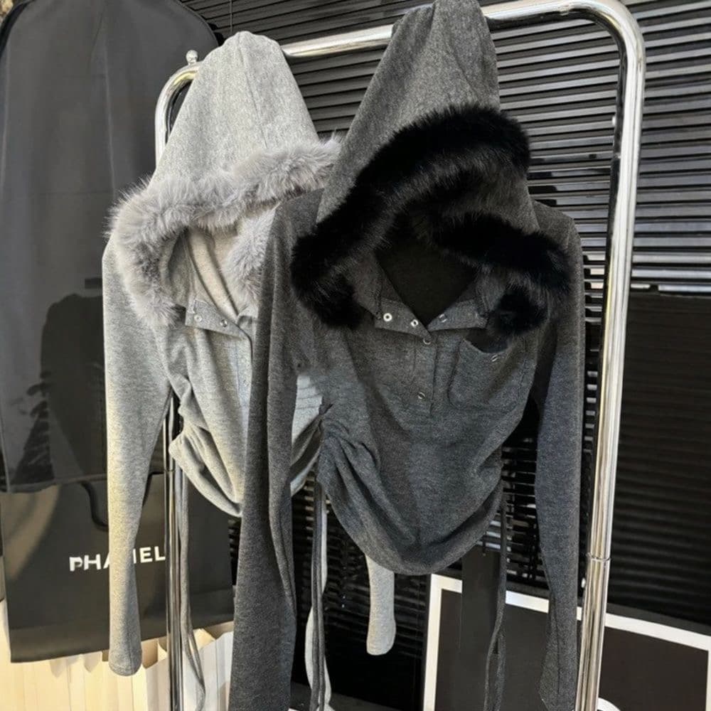 한국 스타일 핫걸 후드 모피 칼라 긴팔 티셔츠 여성 가을 겨울 털이 있는 몸매 가꾸기 슬림해 보이는 재킷 작은 대중 디자인 센스 맨위