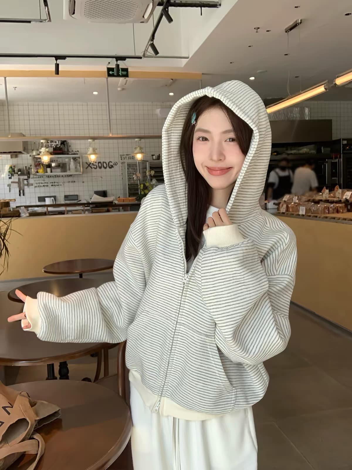 후아 면 복합 슈퍼 부드러운 레트로 스트라이프 오픈 가디건 털이 있는 후드 티 스웨터 여성 가을 겨울 새로운 이미지 3