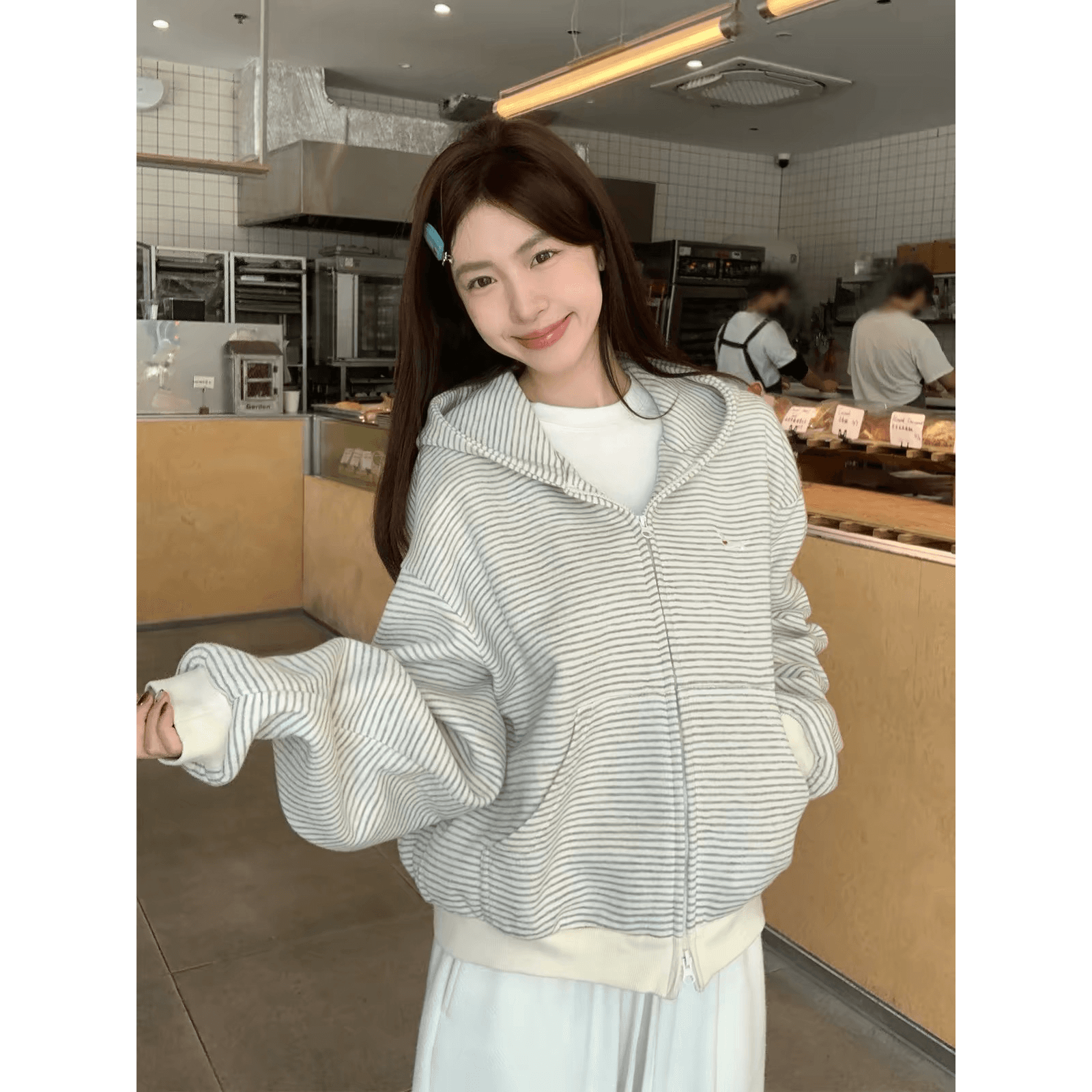 후아 면 복합 슈퍼 부드러운 레트로 스트라이프 오픈 가디건 털이 있는 후드 티 스웨터 여성 가을 겨울 새로운 이미지 5