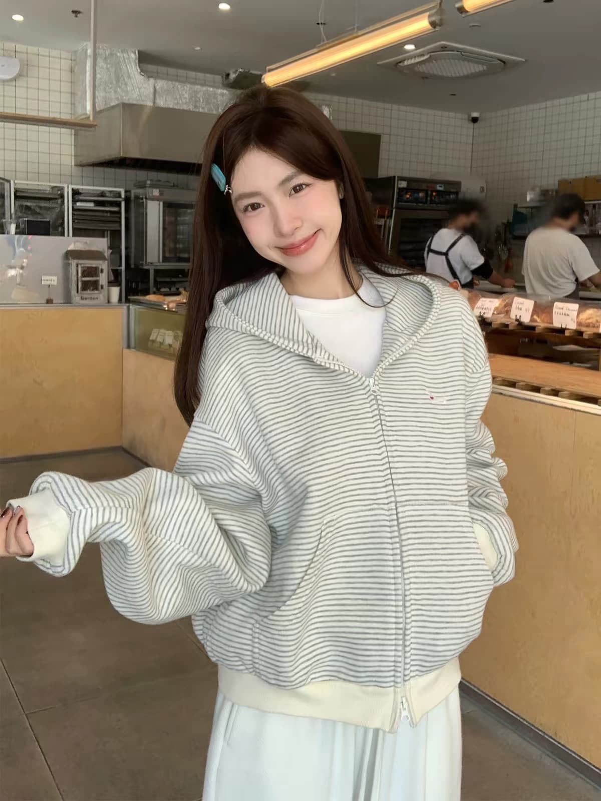 후아 면 복합 슈퍼 부드러운 레트로 스트라이프 오픈 가디건 털이 있는 후드 티 스웨터 여성 가을 겨울 새로운 상세 이미지 1