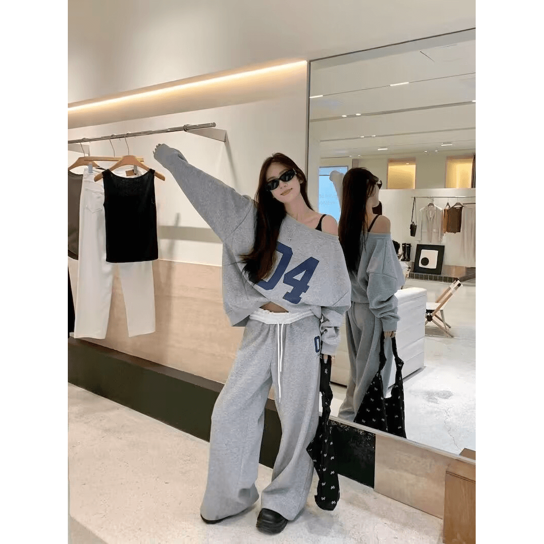 모방 면 사선 무늬 당겨 프레임 250그램 스포츠 슈트 여성 봄 가을 루즈핏 긴팔 비스듬한 어깨 후드티 투피스 세트 이미지 5