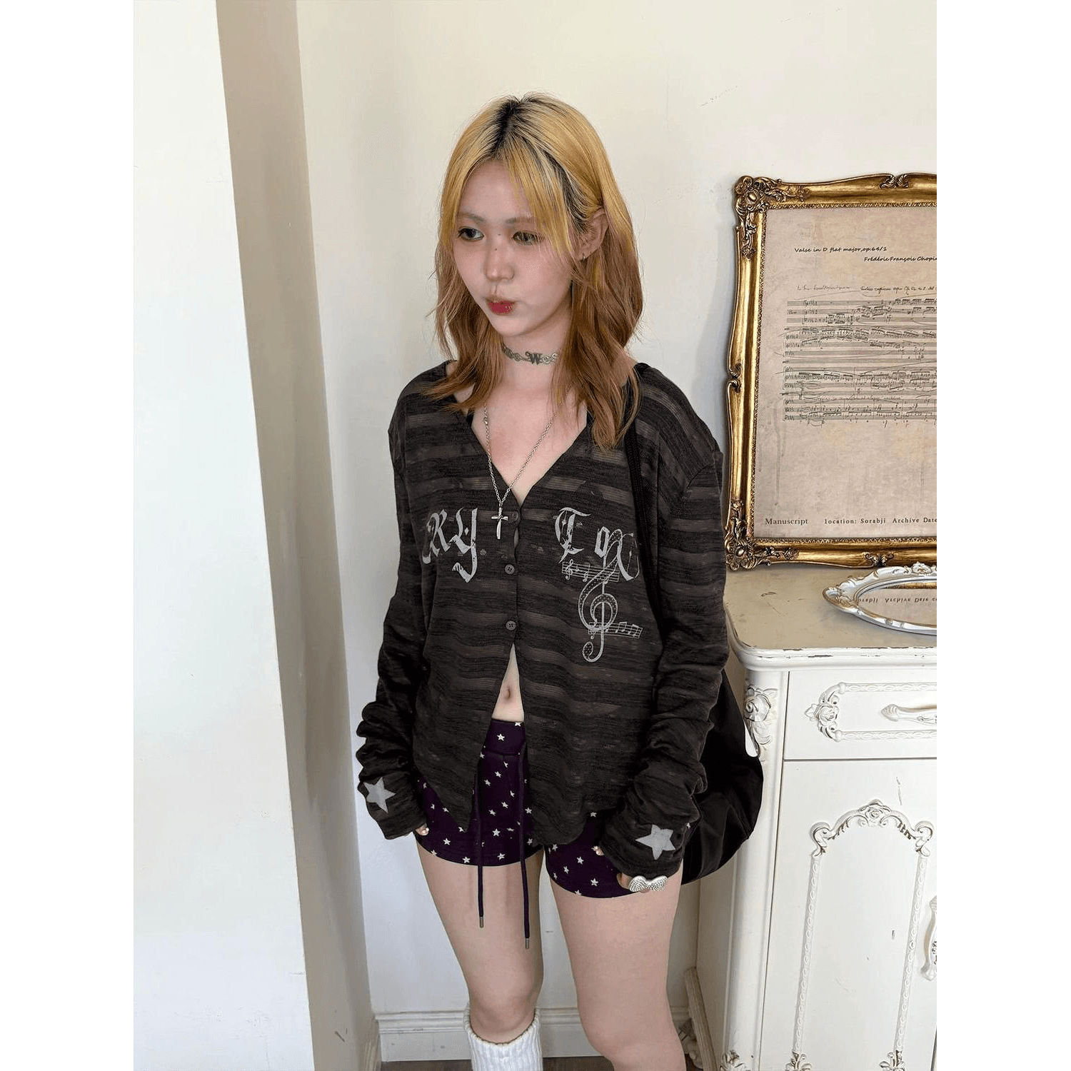 투명 톤 스타 소매 오픈 가디건 봄 여름 새로운 캐주얼 다용도 긴팔 여성 스트라이프 알파벳 참고 슬림해 보이는 재킷 맨위 이미지 5