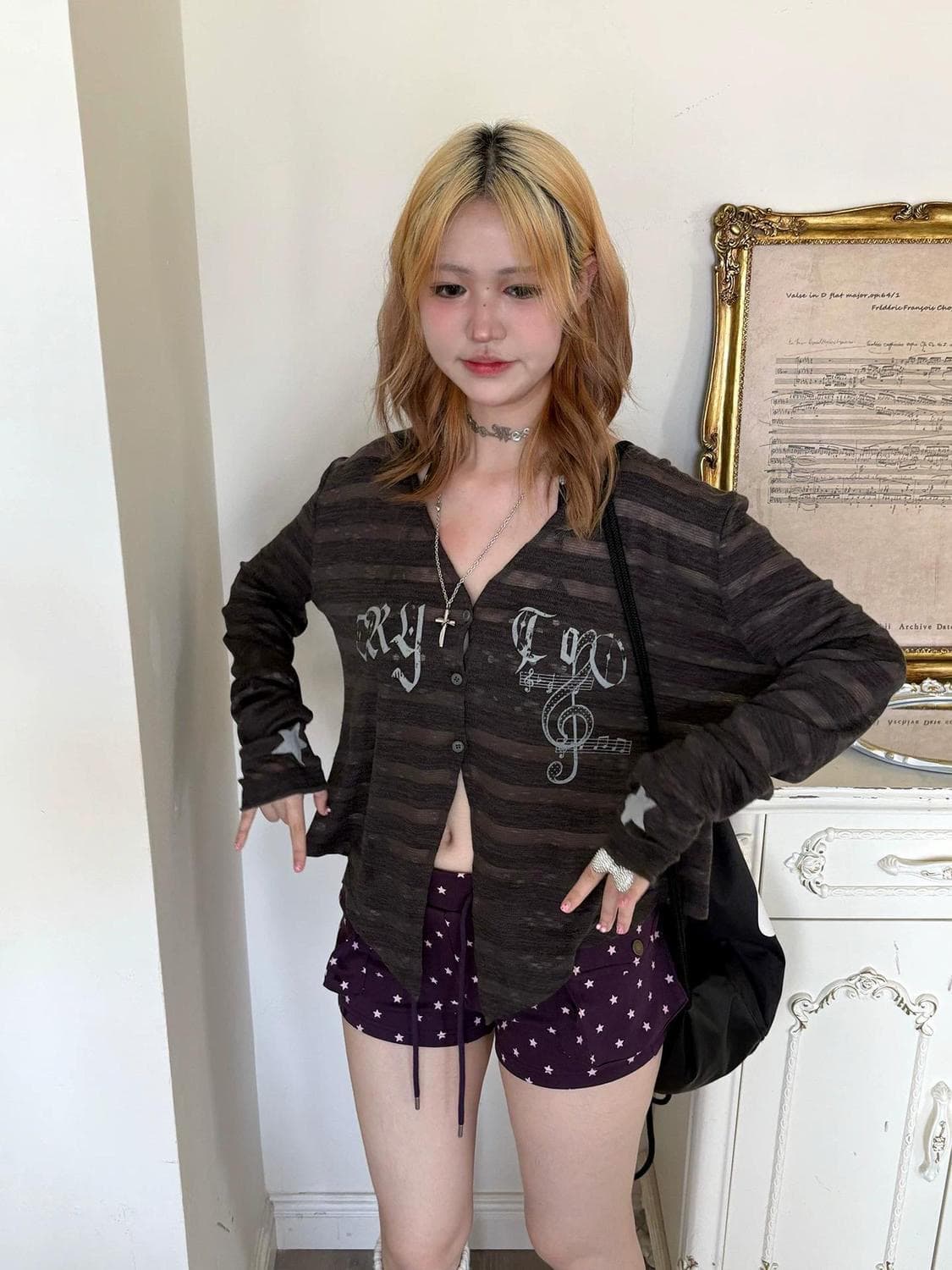 투명 톤 스타 소매 오픈 가디건 봄 여름 새로운 캐주얼 다용도 긴팔 여성 스트라이프 알파벳 참고 슬림해 보이는 재킷 맨위 상세 이미지 1