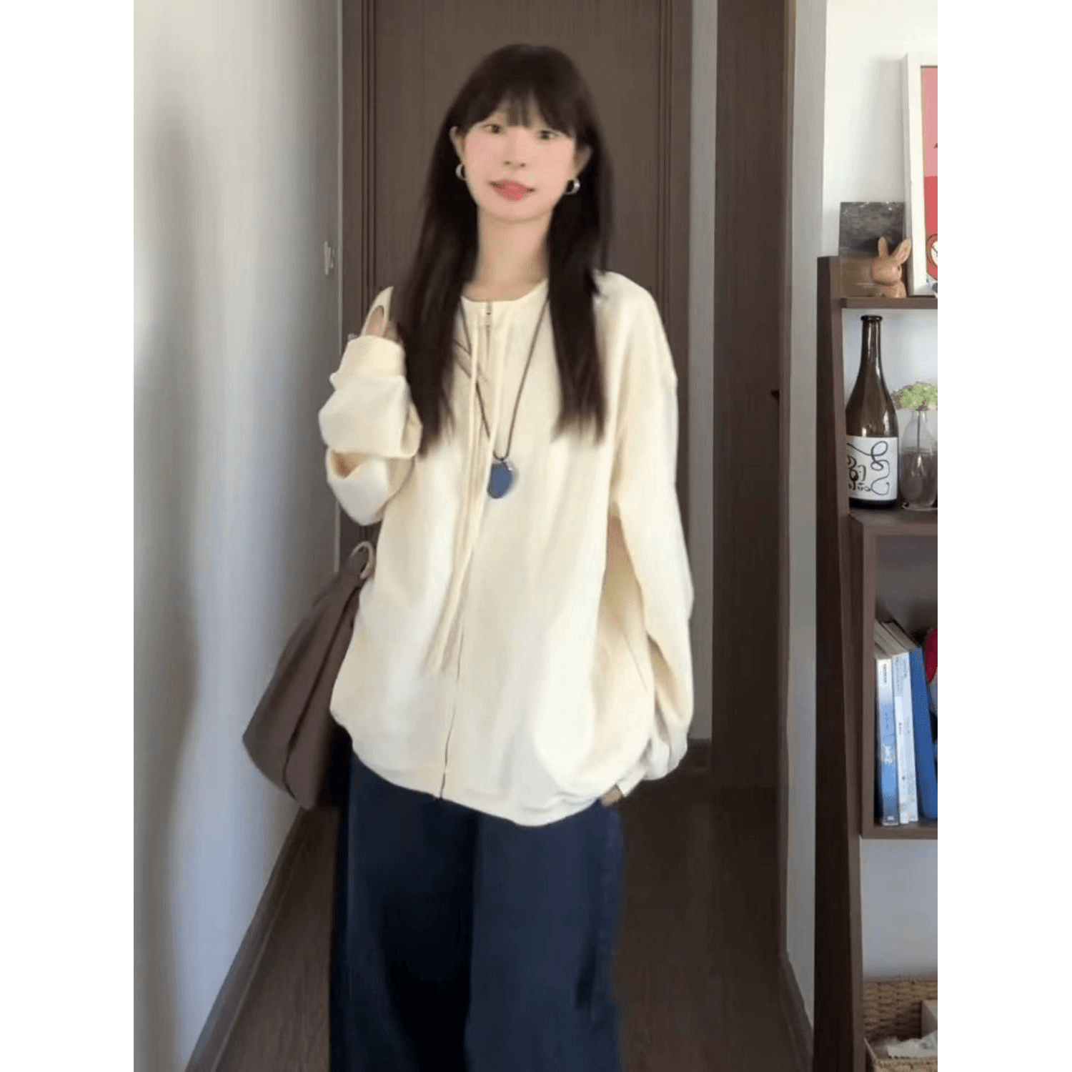 한 부서 느긋한 우유 씽 하는 소리 ~ 중 오픈 가디건 펌프 로프 후드티 여성 봄 가을 2026 새로운 루즈핏 지퍼 다용도 재킷 이미지 5