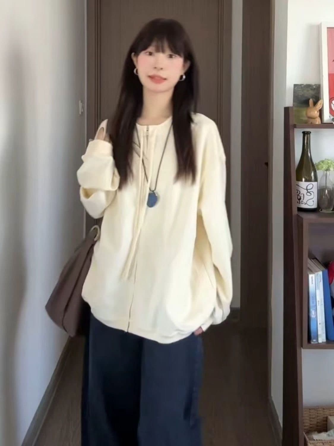 한 부서 느긋한 우유 씽 하는 소리 ~ 중 오픈 가디건 펌프 로프 후드티 여성 봄 가을 2026 새로운 루즈핏 지퍼 다용도 재킷 상세 이미지 1