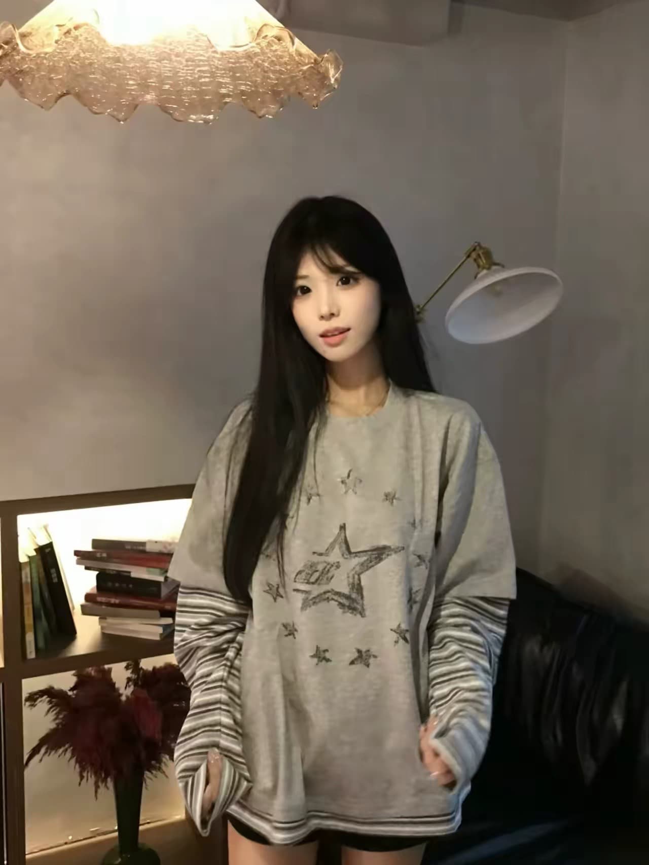 프린트 광저우 원단 순면 220 그램 긴팔 페이크 레이어드 상세 이미지 1