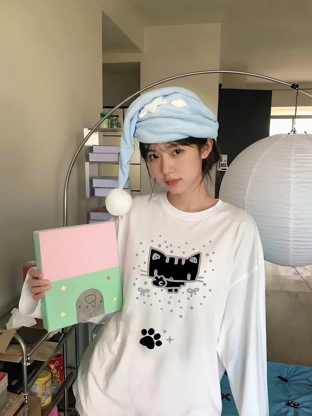 높은 품질 순면 200그램 21 빗질하다 정밀 프린트 가을 루즈핏 긴팔 티셔츠 여성 상세 이미지 3
