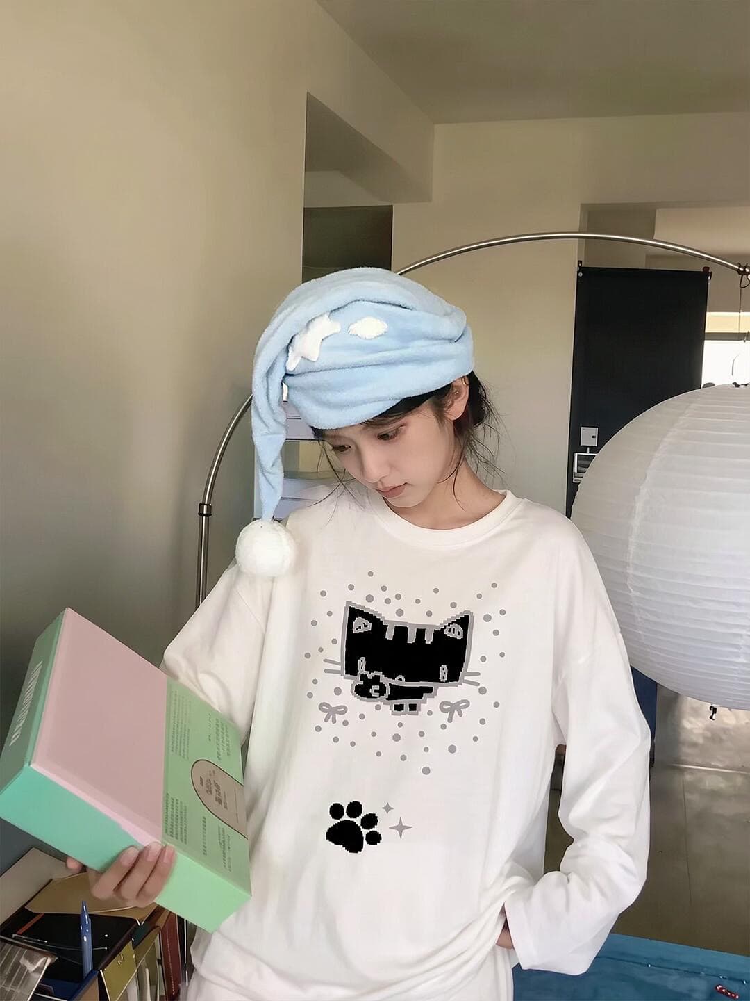 높은 품질 순면 200그램 21 빗질하다 정밀 프린트 가을 루즈핏 긴팔 티셔츠 여성 상세 이미지 4