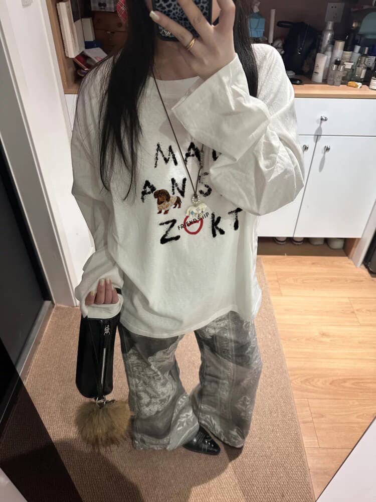 높은 품질 순면 200그램 21 빗질하다 정밀 프린트 가을 루즈핏 긴팔 티셔츠 여성