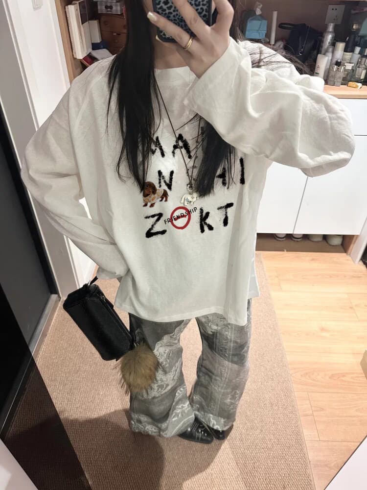 높은 품질 순면 200그램 21 빗질하다 정밀 프린트 가을 루즈핏 긴팔 티셔츠 여성 이미지 2