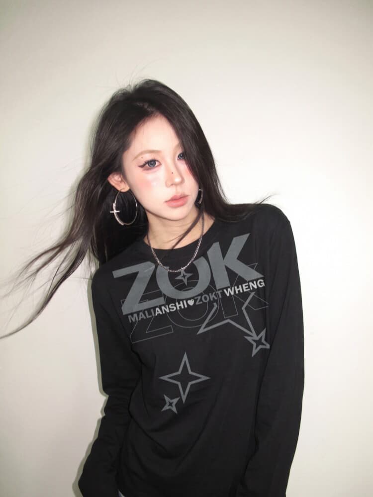 높은 품질 순면 200그램 21 빗질하다 정밀 프린트 가을 루즈핏 긴팔 티셔츠 여성 이미지 4