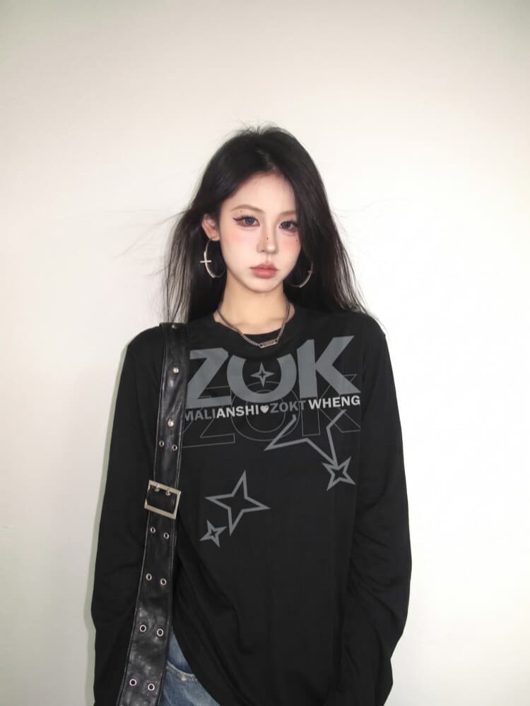 높은 품질 순면 200그램 21 빗질하다 정밀 프린트 가을 루즈핏 긴팔 티셔츠 여성 상세 이미지 3