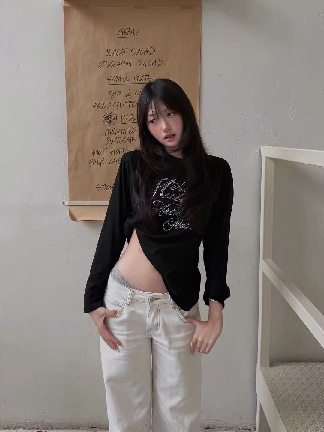 높은 품질 순면 200그램 21 빗질하다 정밀 프린트 가을 루즈핏 긴팔 티셔츠 여성 이미지 3