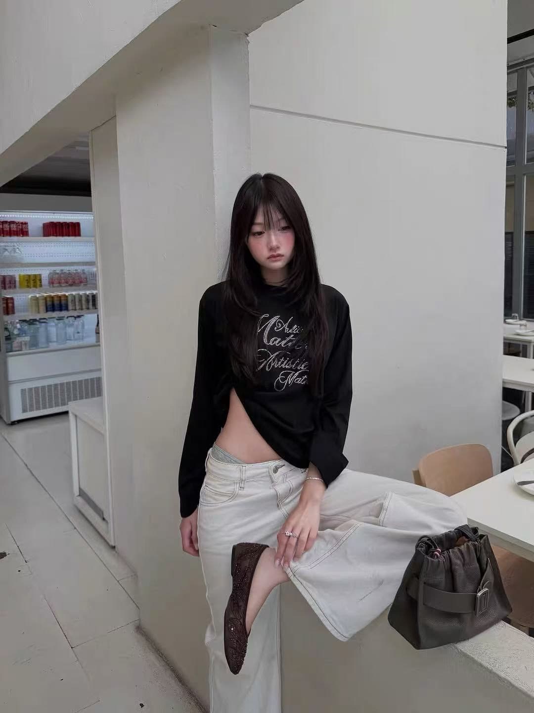 높은 품질 순면 200그램 21 빗질하다 정밀 프린트 가을 루즈핏 긴팔 티셔츠 여성 이미지 4