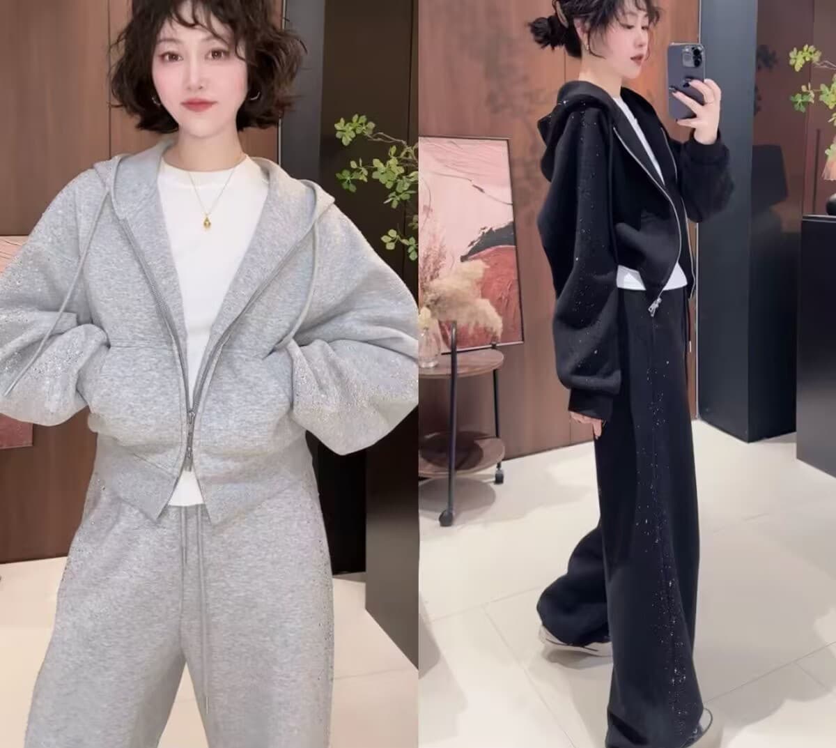 모방 면 사선 무늬 당겨 프레임 250그램 핫픽스 캐주얼 세트 여성 가을 후드 긴팔 넓은 다리 투피스 세트