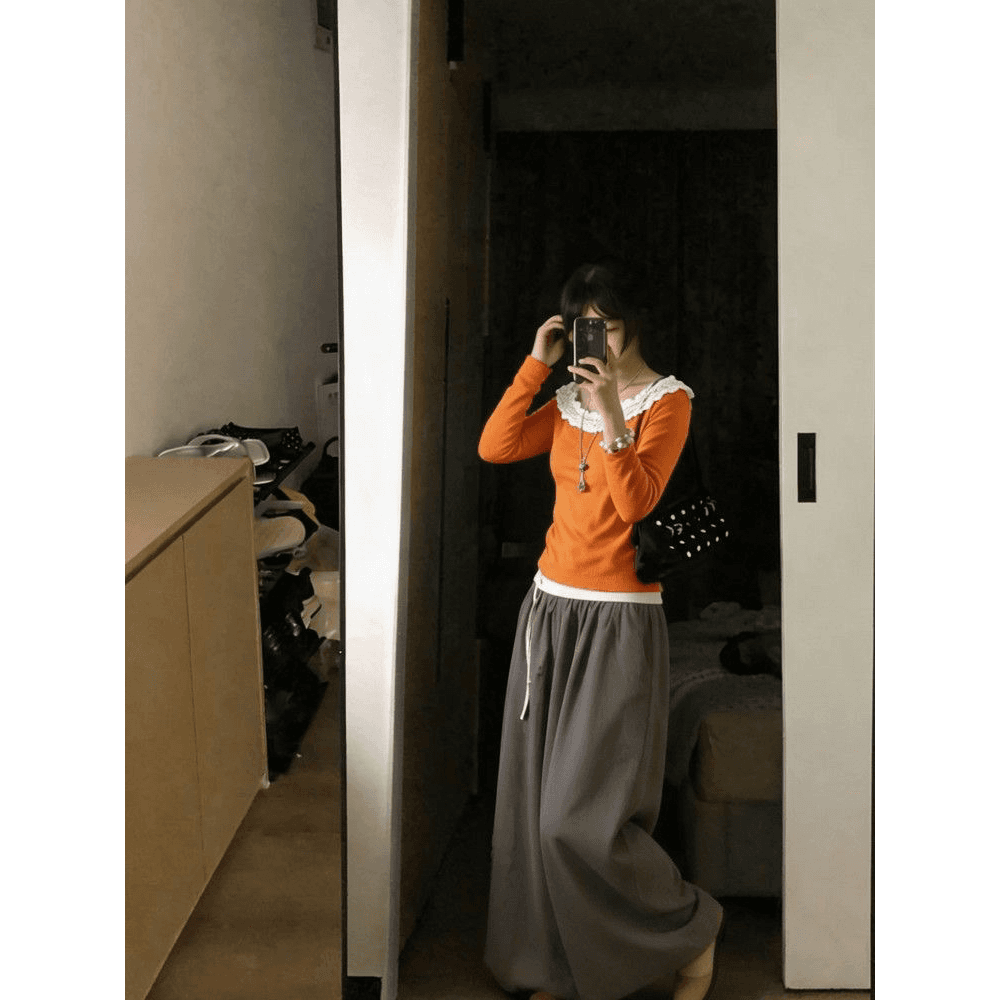 가을 디자인 센스 작은 대중 느슨함 센스 오프숄더 레이스 주황색 긴팔 티셔츠 여성 한 부서 chic 싱글 착용 맨위 이미지 5
