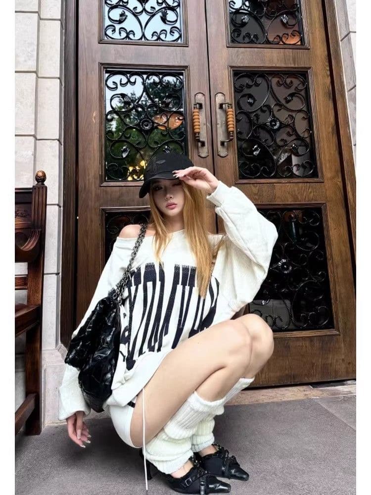 아메리칸 레트로 비스듬한 어깨 후드티 여성 가을 겨울 프린트 맨위 이미지 3