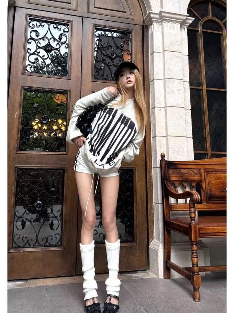 아메리칸 레트로 비스듬한 어깨 후드티 여성 가을 겨울 프린트 맨위 상세 이미지 2