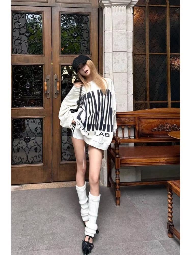 아메리칸 레트로 비스듬한 어깨 후드티 여성 가을 겨울 프린트 맨위 상세 이미지 5