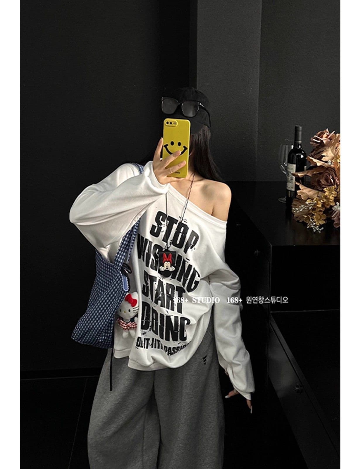 아메리칸 레트로 비스듬한 어깨 후드티 여성 가을 겨울 프린트 맨위
