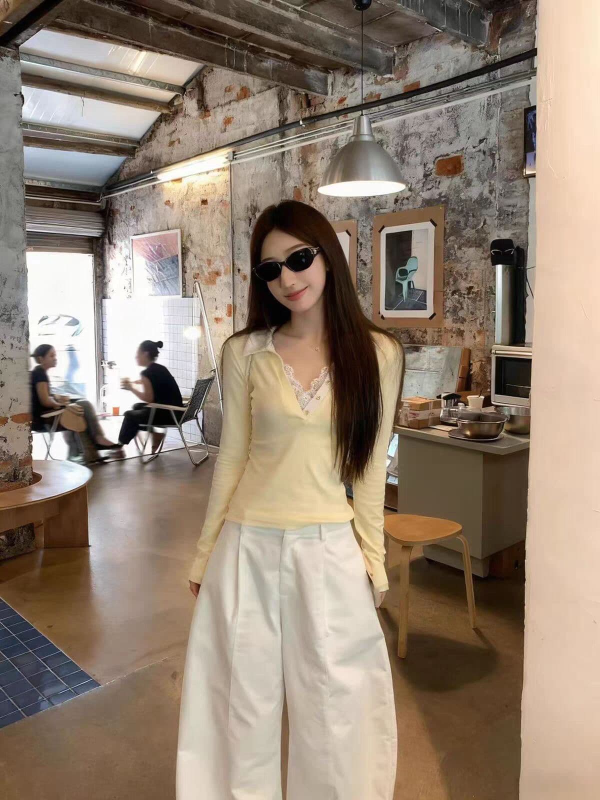 광저우 원단 사람들 면 와 사고 방식 260 그램 POLO 칼라 레이스 긴팔 페이크 레이어드 상세 이미지 2