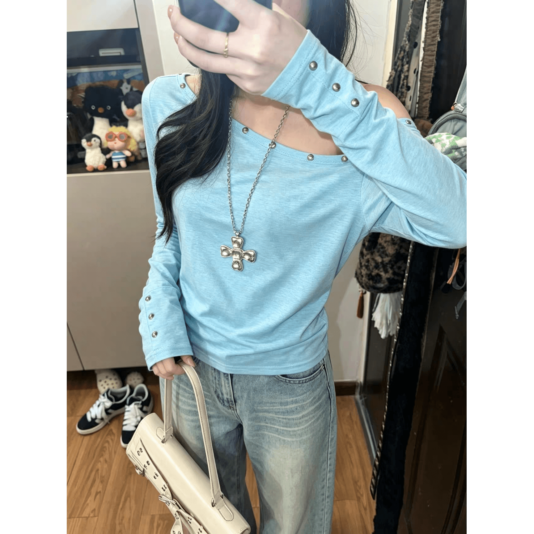 광저우 원단 컬러 코튼 당겨 프레임 원본 징 한 부서 디자인 센스 징 비스듬한 어깨 긴팔 이미지 5