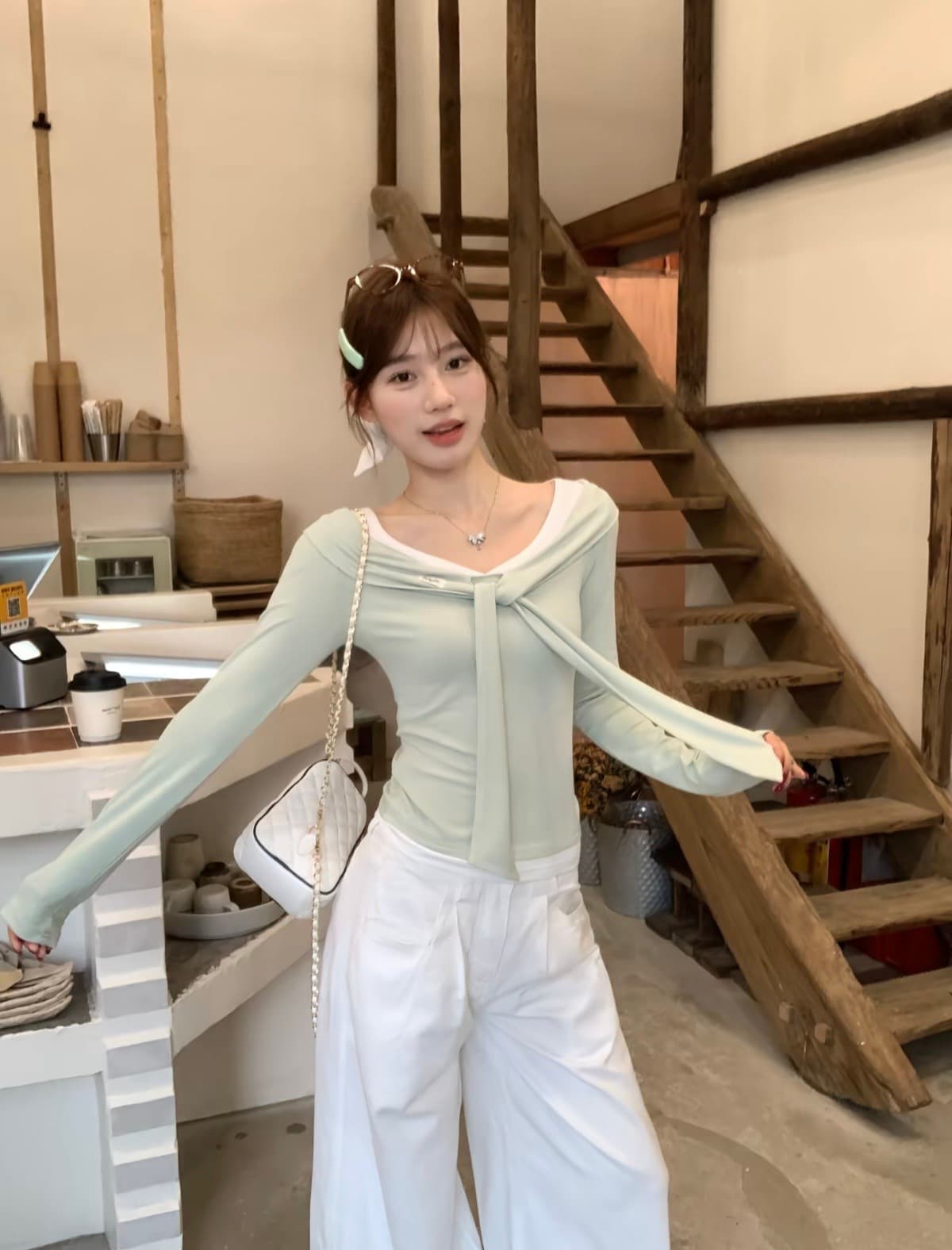 사람들 면 260 그램 가을 겨울 새로운 순수한 욕망 바람 긴팔 티셔츠 여성 디자인 센스 페이크 레이어드 맨위 이미지 3