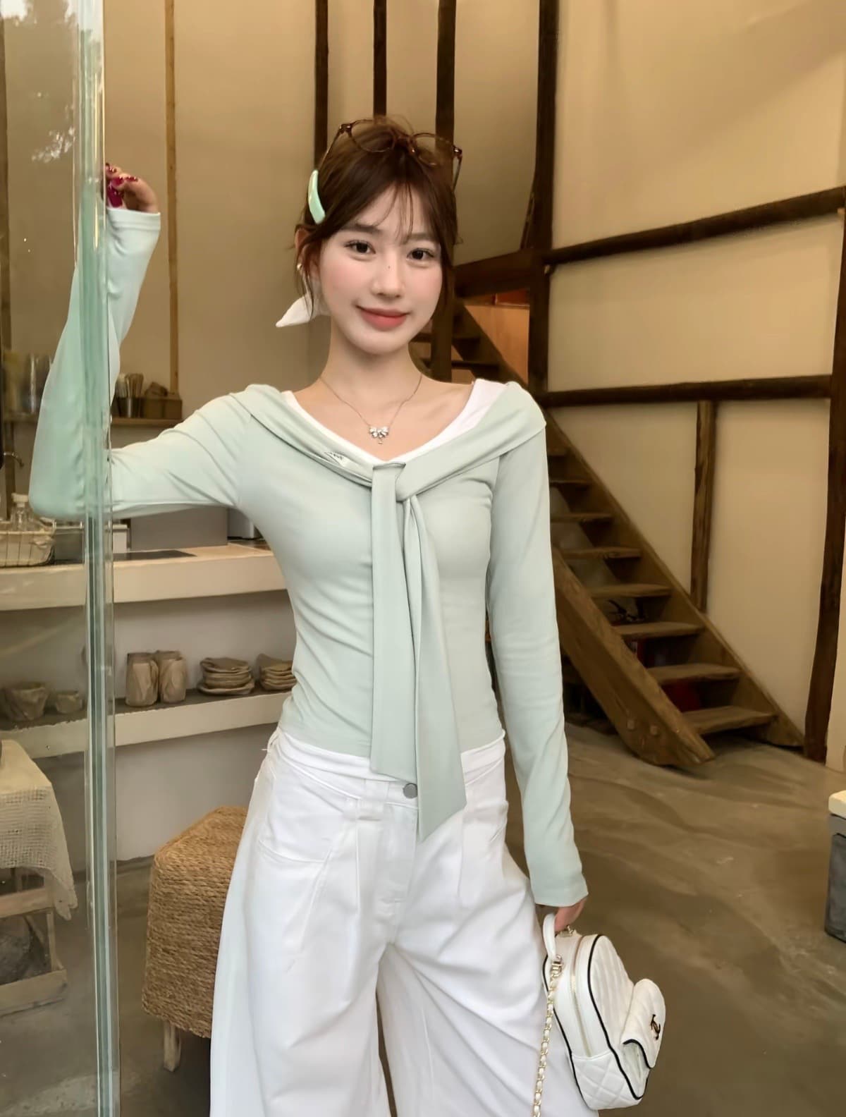 사람들 면 260 그램 가을 겨울 새로운 순수한 욕망 바람 긴팔 티셔츠 여성 디자인 센스 페이크 레이어드 맨위 상세 이미지 4