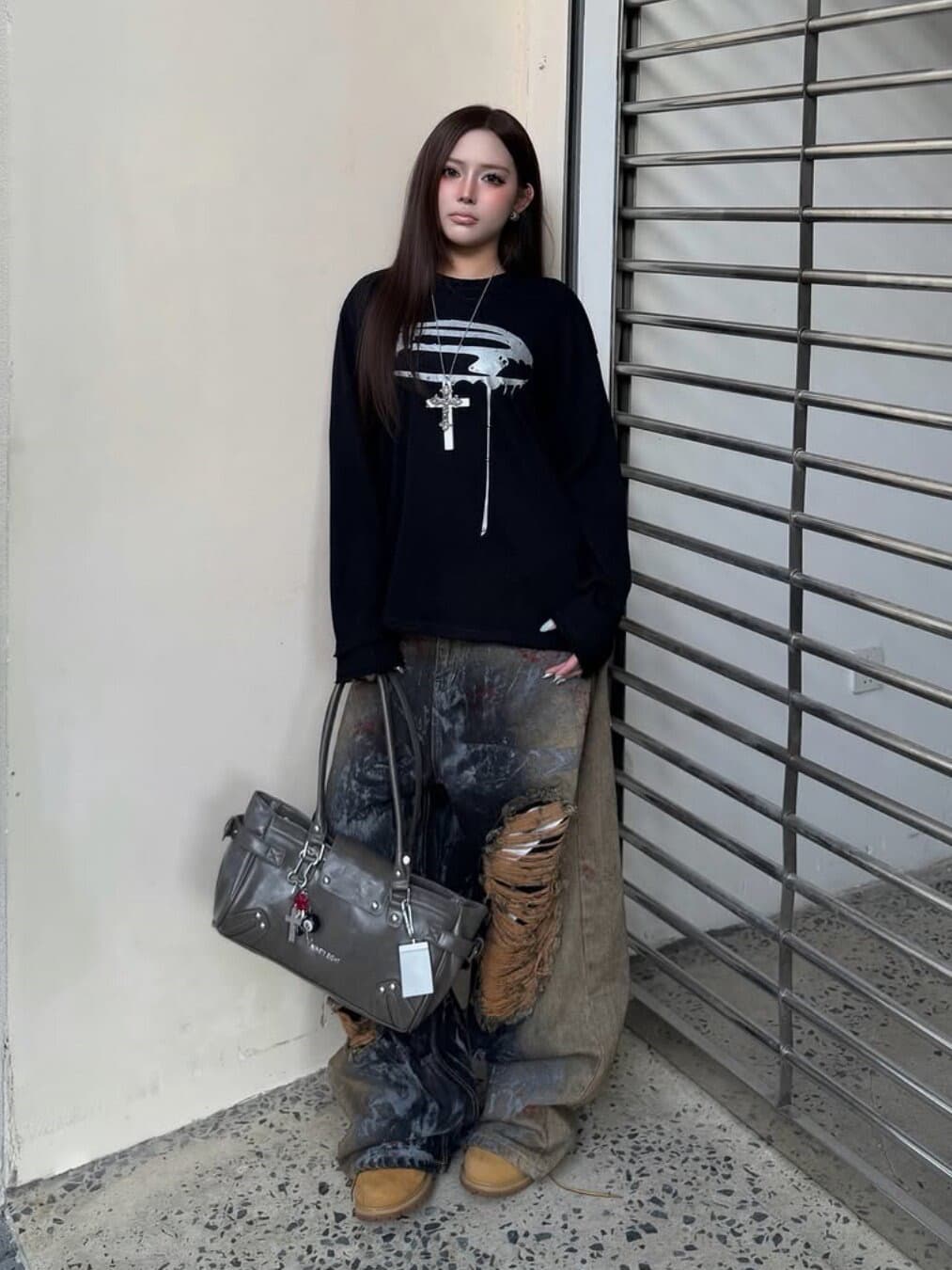높은 품질 순면 200그램 21 빗질하다 정밀 프린트 가을 루즈핏 긴팔 티셔츠 여성 상세 이미지 2